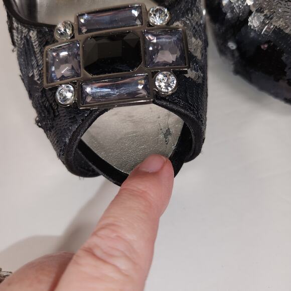 NINA NEW YORK Evan Heel Womens 8M Black Silver Sequins Satin Platform Peep Toe - Picture 3 of 11